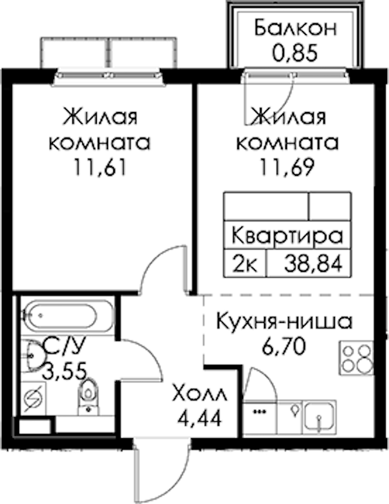 1-комнатная квартира 38.84 м², 15/15 эт., ЖК «Янинский лес»